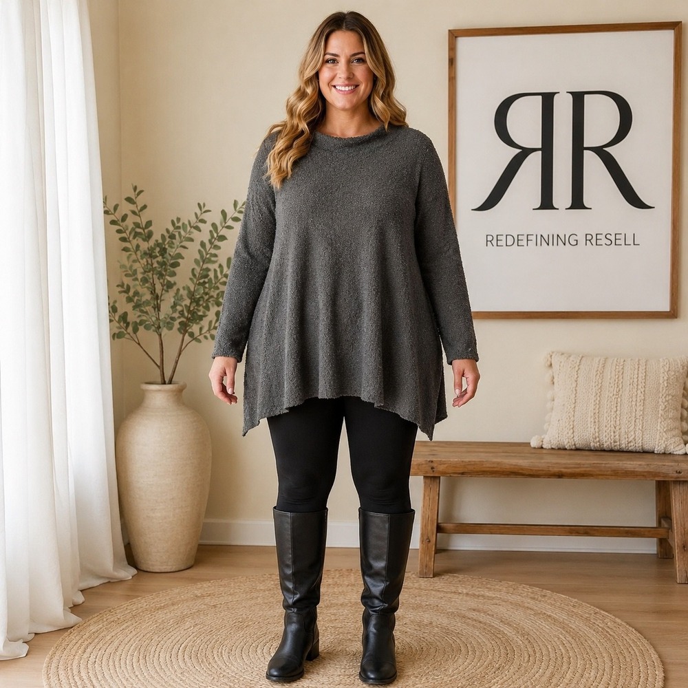 Umgee USA Womens Charcoal Grey Boucle Knit Mock Neck Sweater Large U3003